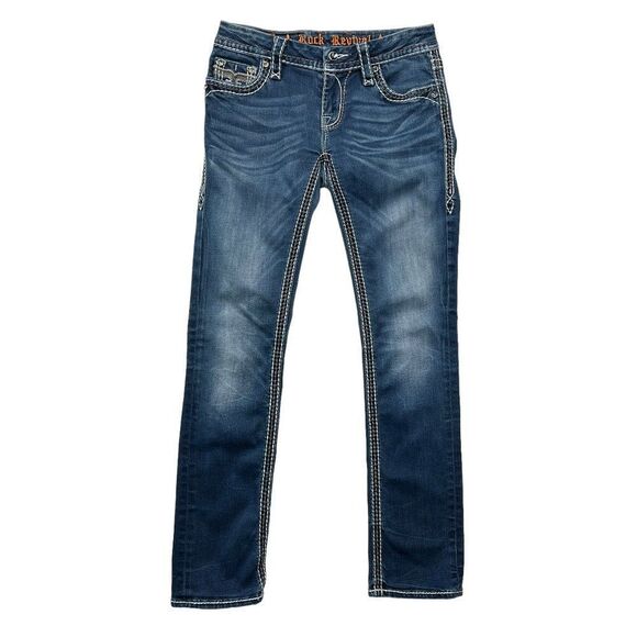 Rock Revival Avery Jeans Women's Size 27 Blue Straight Stretch Embroidered Denim - Picture 1 of 8